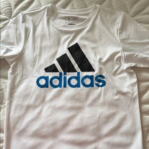 Adidas White Tee with Black and Blue Logo